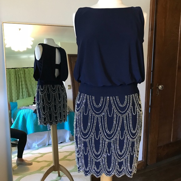 Betsy & Adam Dresses & Skirts - Navy draped dress with beaded skirt